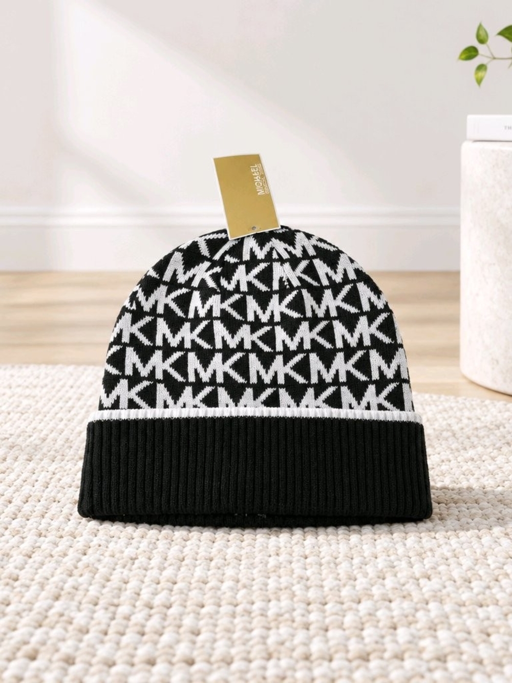 Michael Kors Major MK Repeating Logo Knit Beanie Accessory Ribbed Cuff Acrylic
